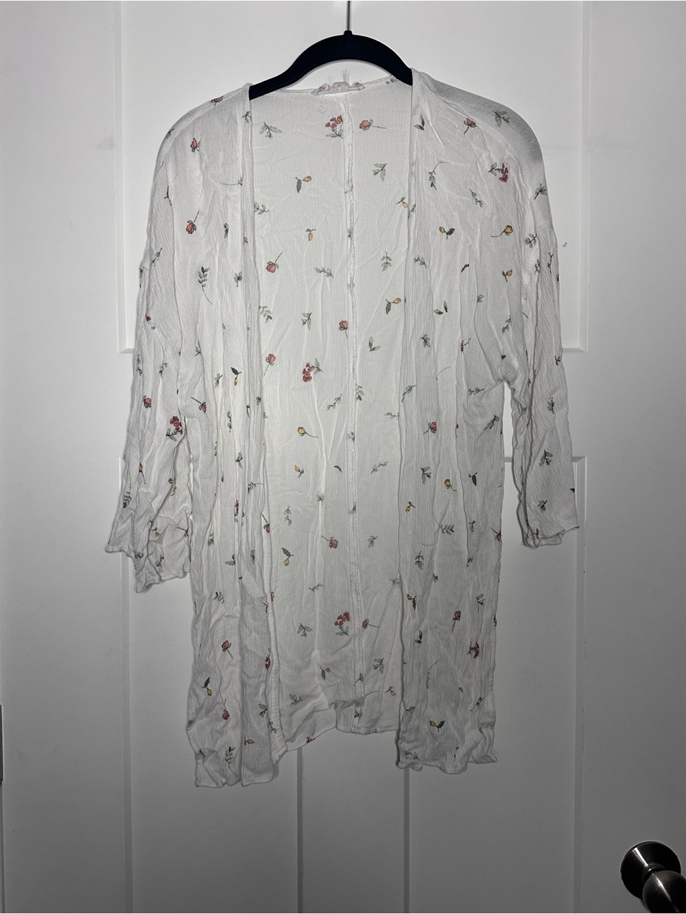 Pink Rose White Floral Lightweight Kimono Cardigan with Pink and Green Accents